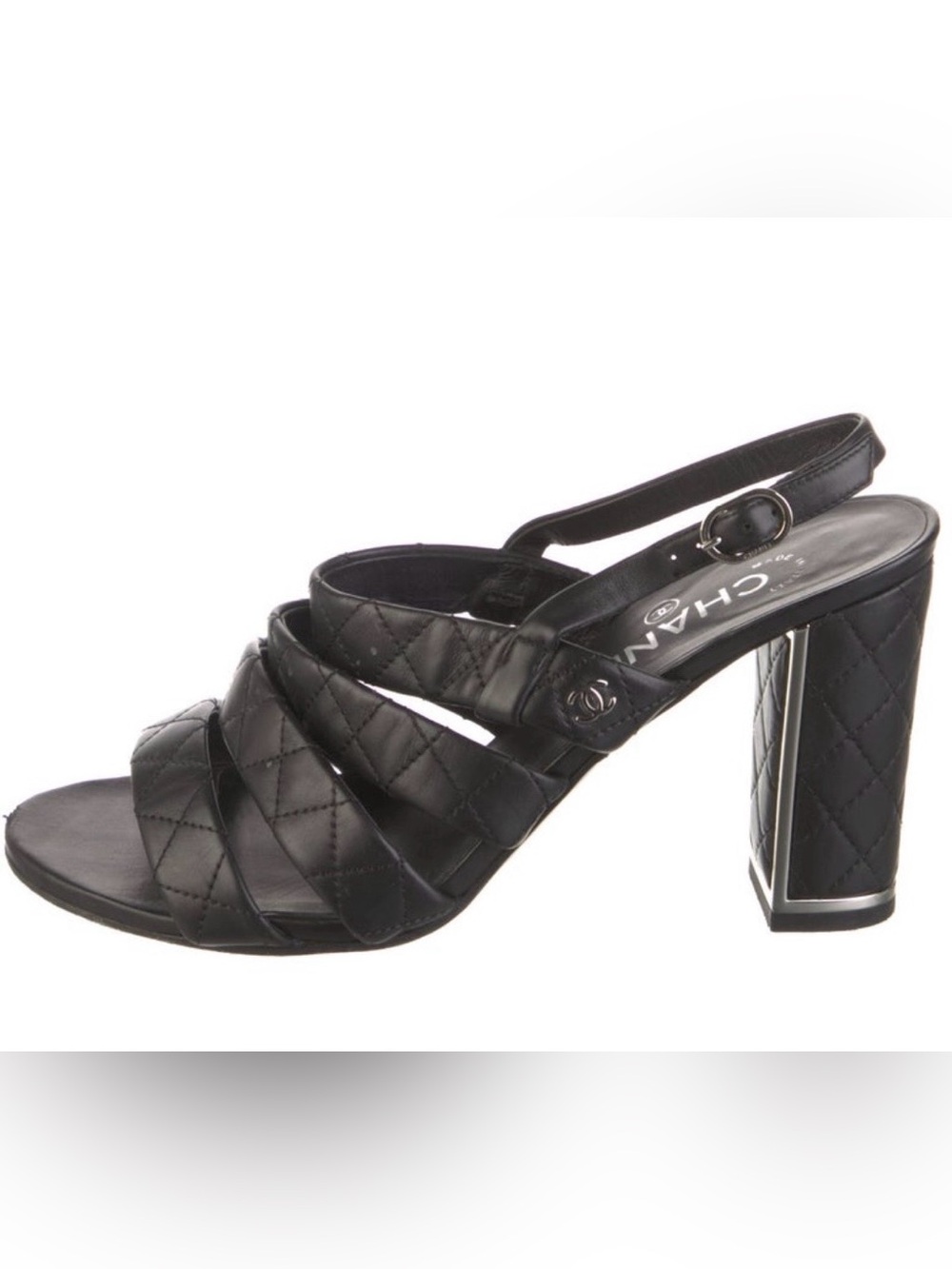 Chanel Black Quilted CC logo Leather Slingback Heel sandals block heel